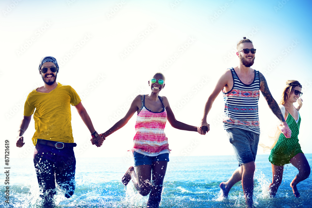 Diverse Beach Summer Friends Fun Running Concept