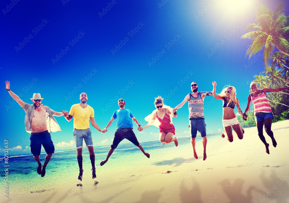 Diverse Beach Summer Friends Fun Jump Shot Concept