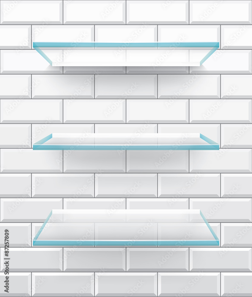 Bathroom glass shelves on white brick tiles, vector