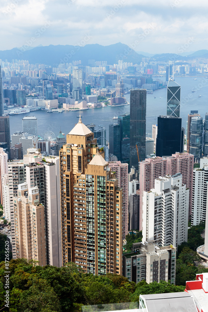 high angle view of skyline and cityscape of hong kong