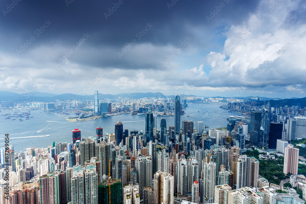 high angle view of skyline and cityscape of hong kong