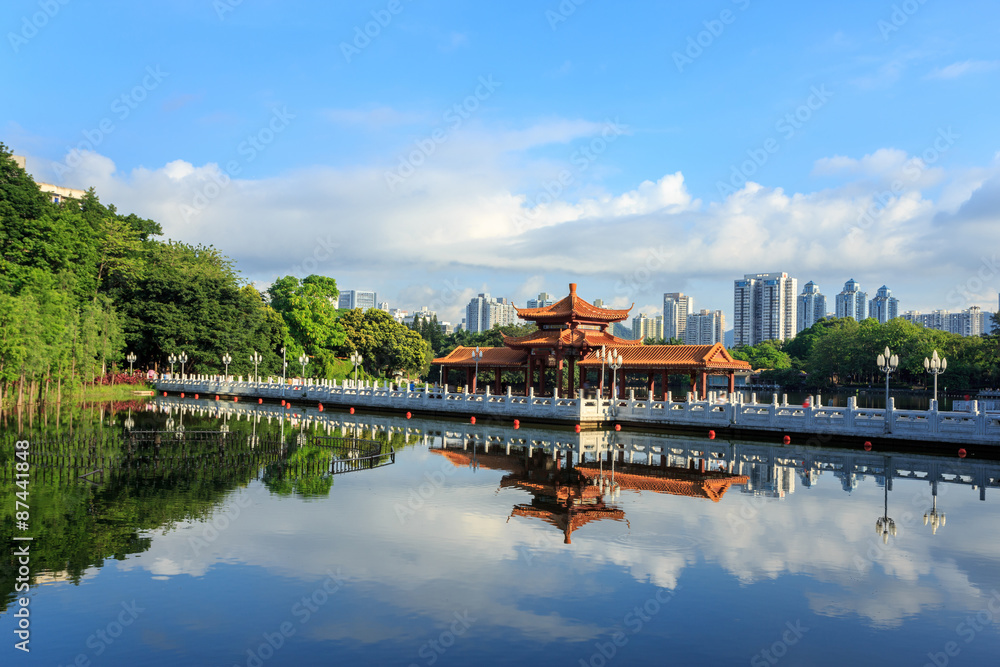 Vintage chinese pavillion over lake