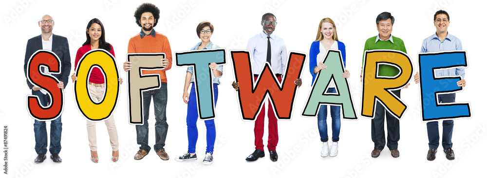 DIverse People Holding Text Software