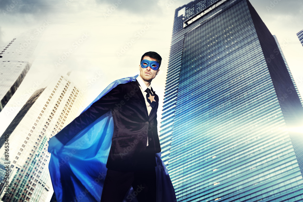 Superhero Businessman Strength Cityscape Cloudscape Concept