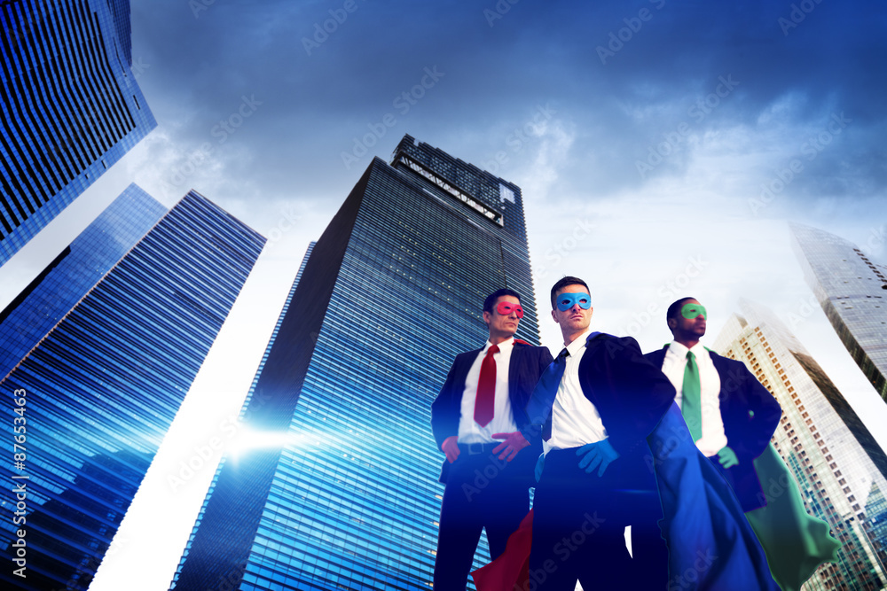 Superhero Business People Strength Cityscape Cloudscape Concept