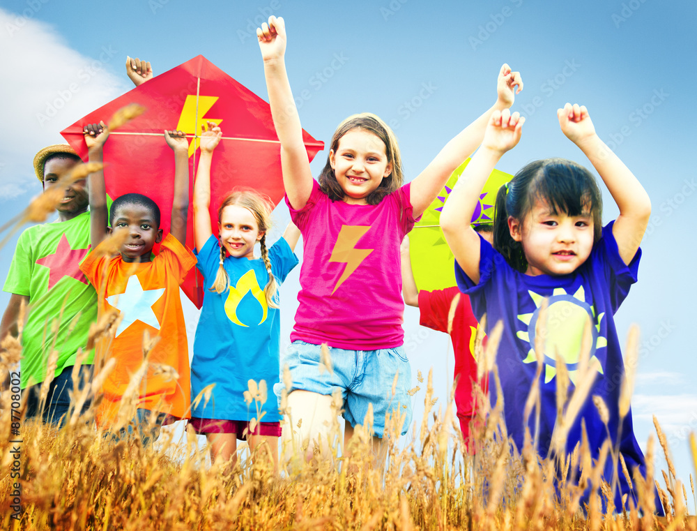 Kids Diverse Playing Kite Field Young Concept