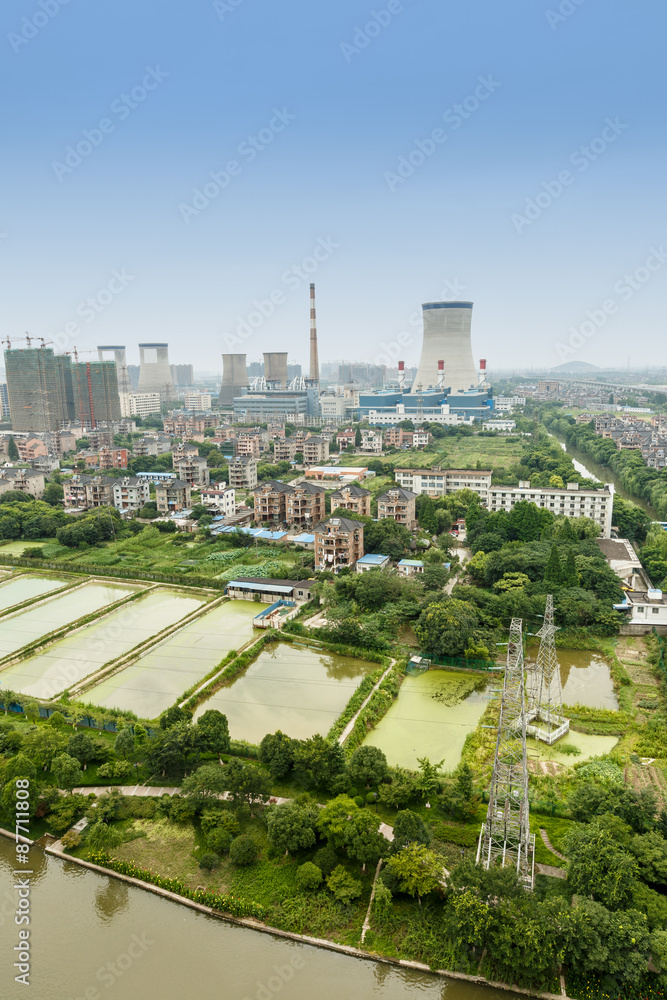 Power plants in residential areas aerial view