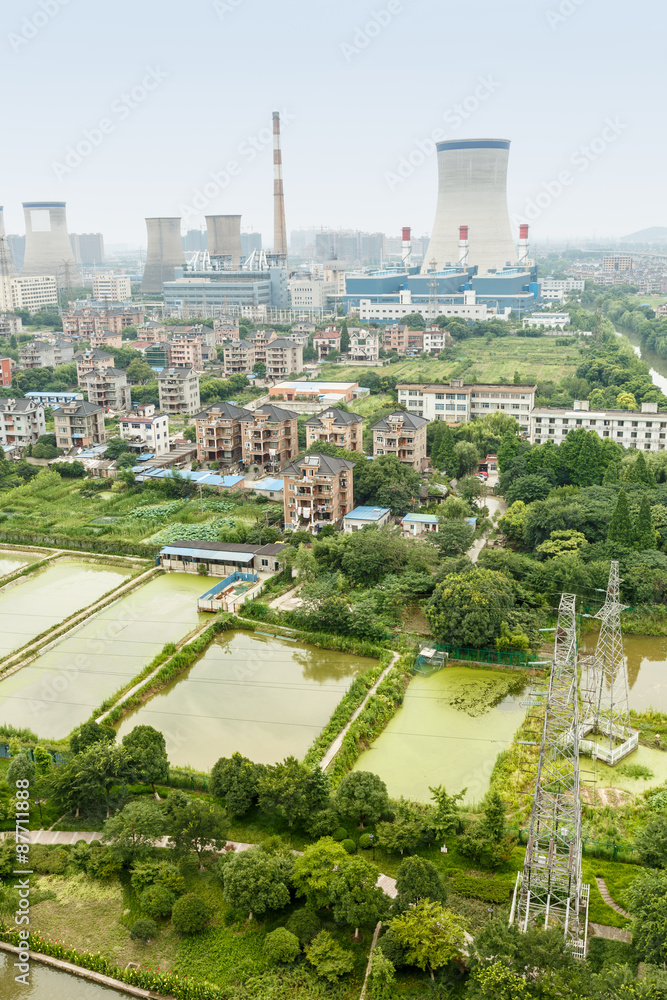 Power plants in residential areas aerial view