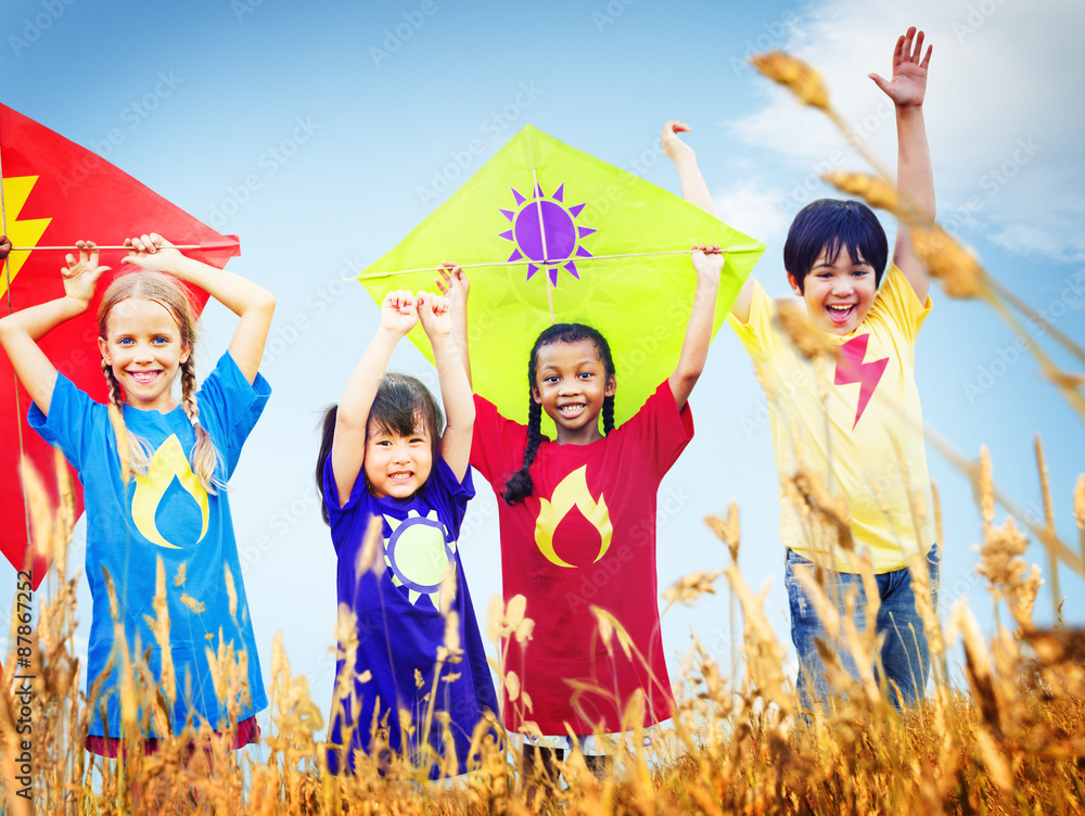 Kids Diverse Playing Kite Field Young Concept