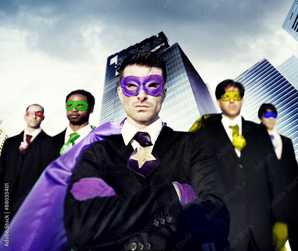 Superhero Business People Strength Cityscape Cloudscape Concept