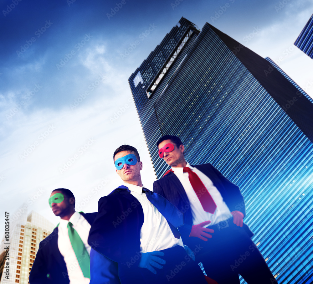 Superhero Business People Strength Cityscape Cloudscape Concept