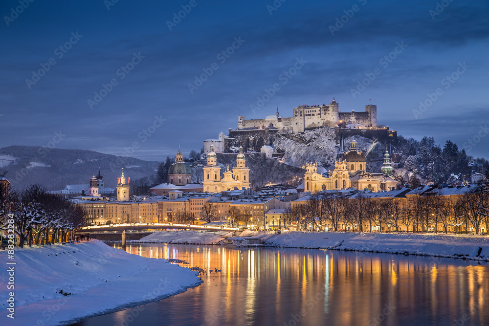 Historic city of Salzburg in winter at dusk, Austria