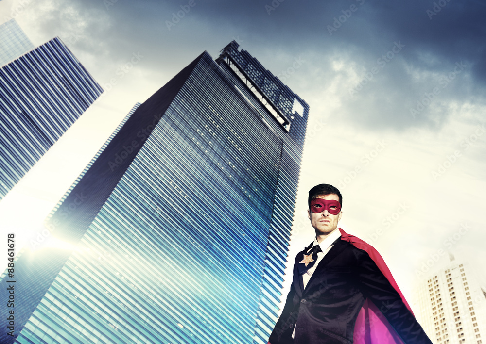 Superhero Businessman Strength Cityscape Cloudscape Concept