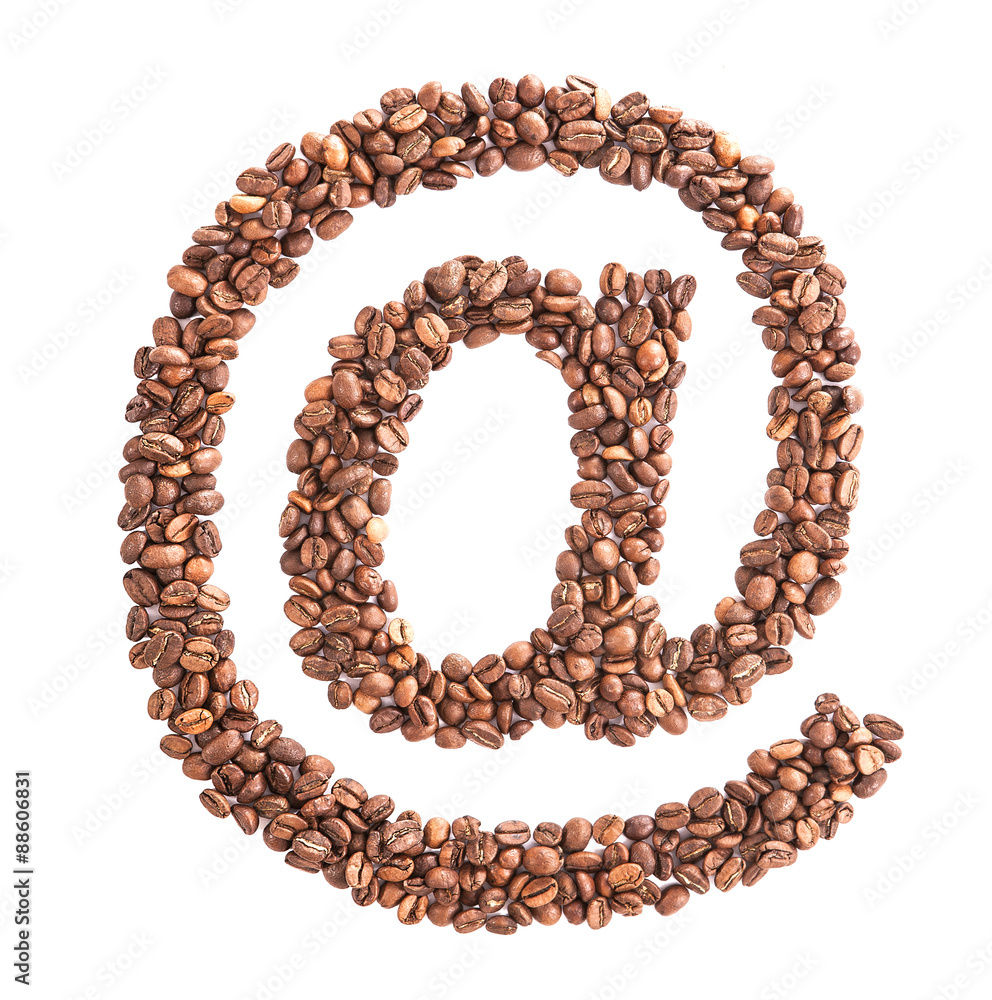 e-mail symbol from coffee beans on white background