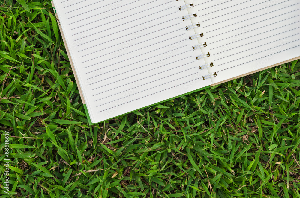  open blank book on artificial green grass