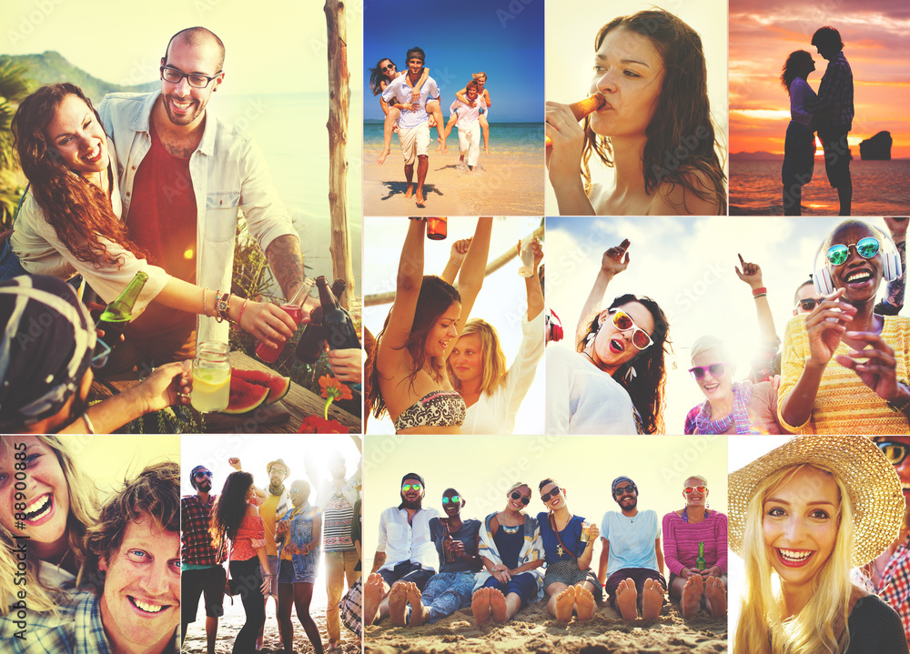 Collage Diverse Faces Summer Beach人的概念