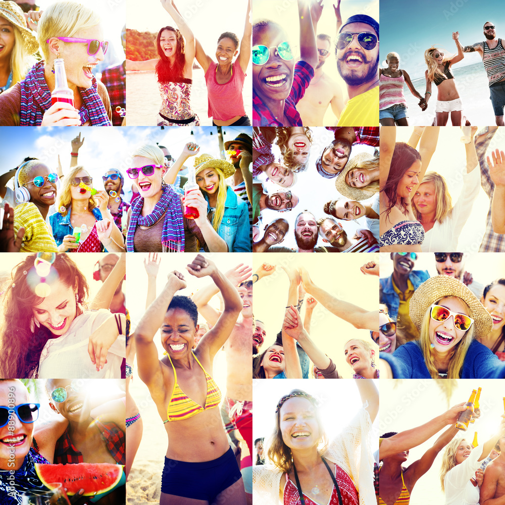 Collage Diverse Faces Summer Beach人的概念