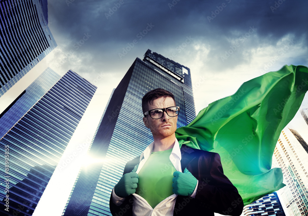 Superhero Businessman Strength Cityscape Cloudscape Concept