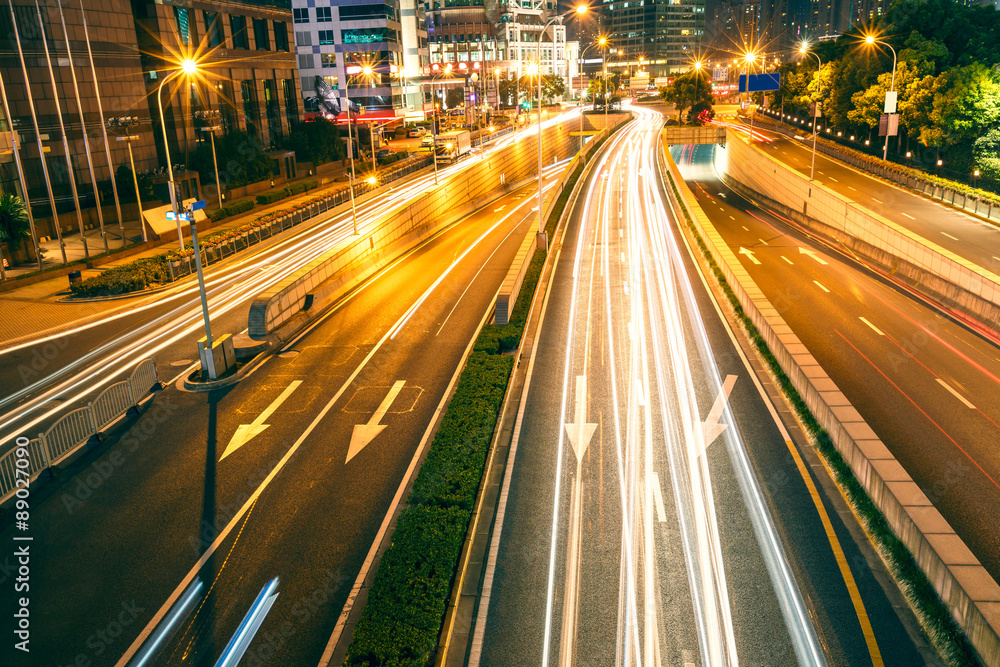 the light trails on the street in shanghai china