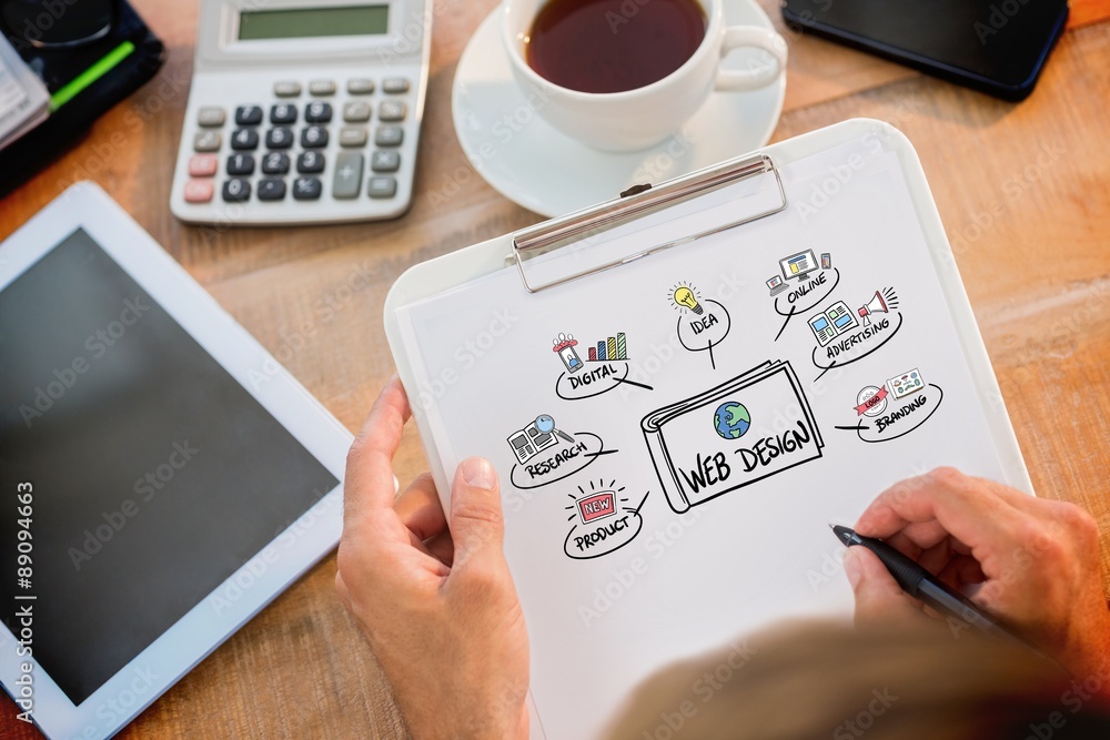 Composite image of man writing on clipboard on working desk