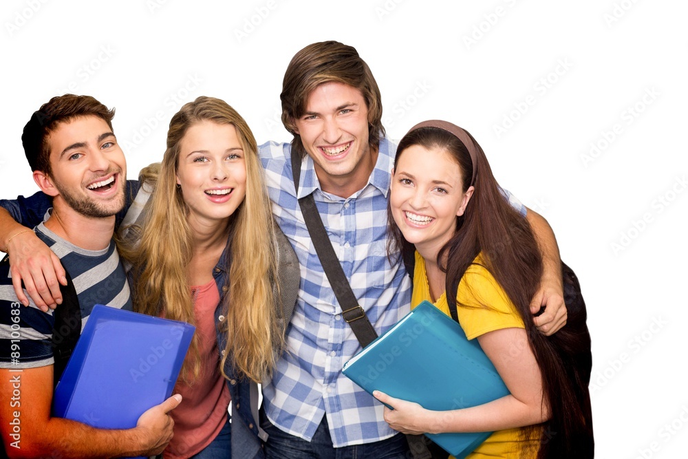 Composite image of students holding folders at college corridor