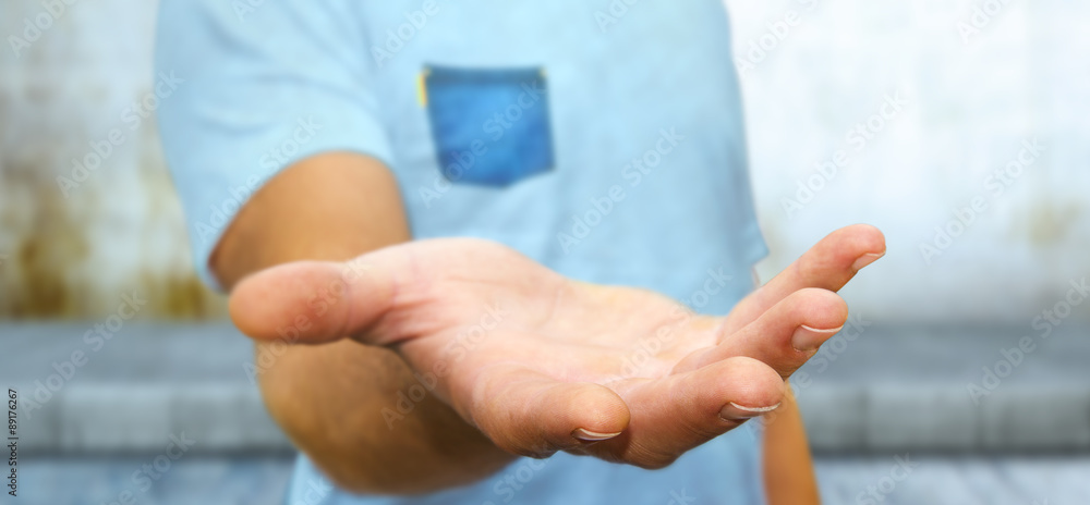 Young man on office background