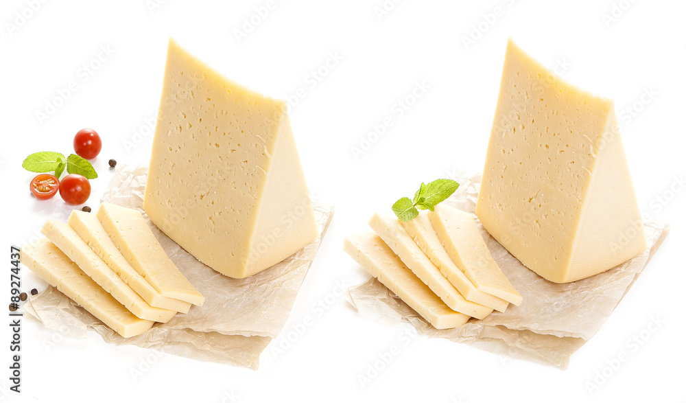 piece of cheese isolated on white background. Cheese with tomatoes and mint leaf