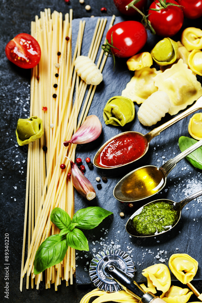 Tomato sauce, olive oil, pesto and pasta