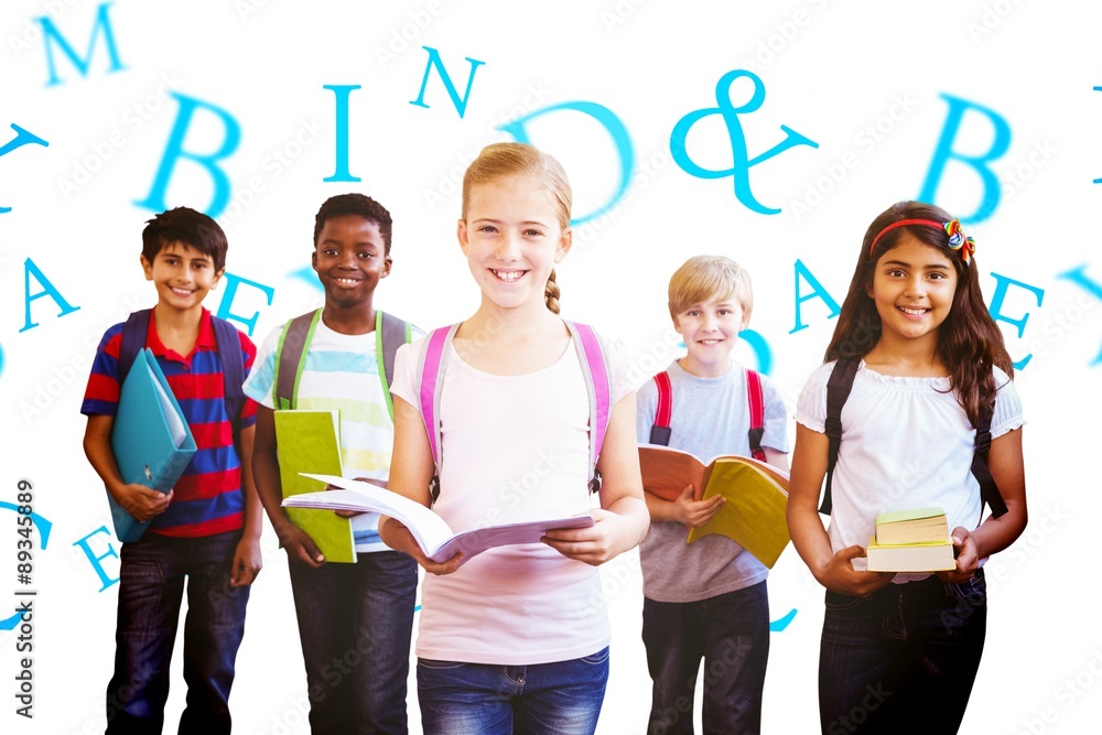 Composite image of smiling little school kids in school corridor