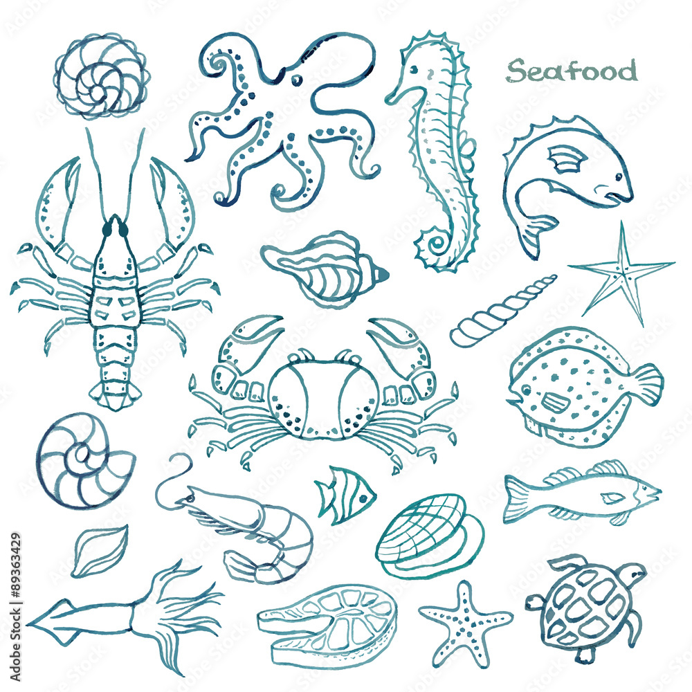 Watercolor set of seafood