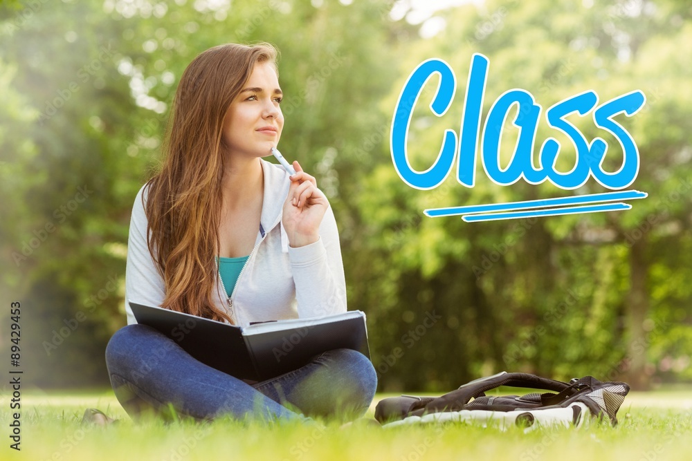 Class against thinking student sitting and holding book