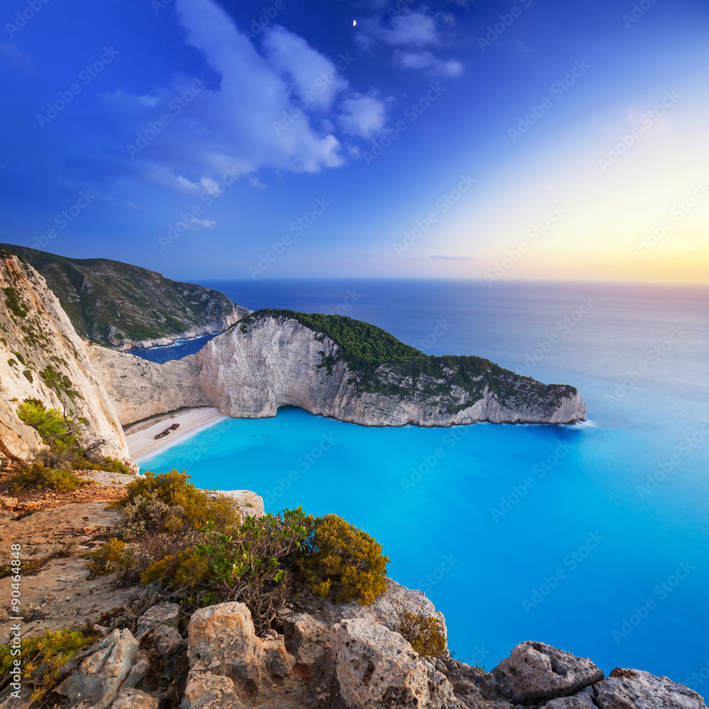 Navagio Beach (Shipwreck beach) at sunset on Zakynthos Island, Greece