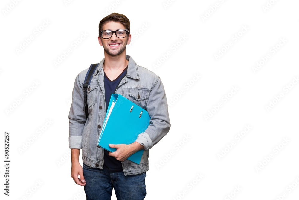 Composite image of student smiling at camera in library