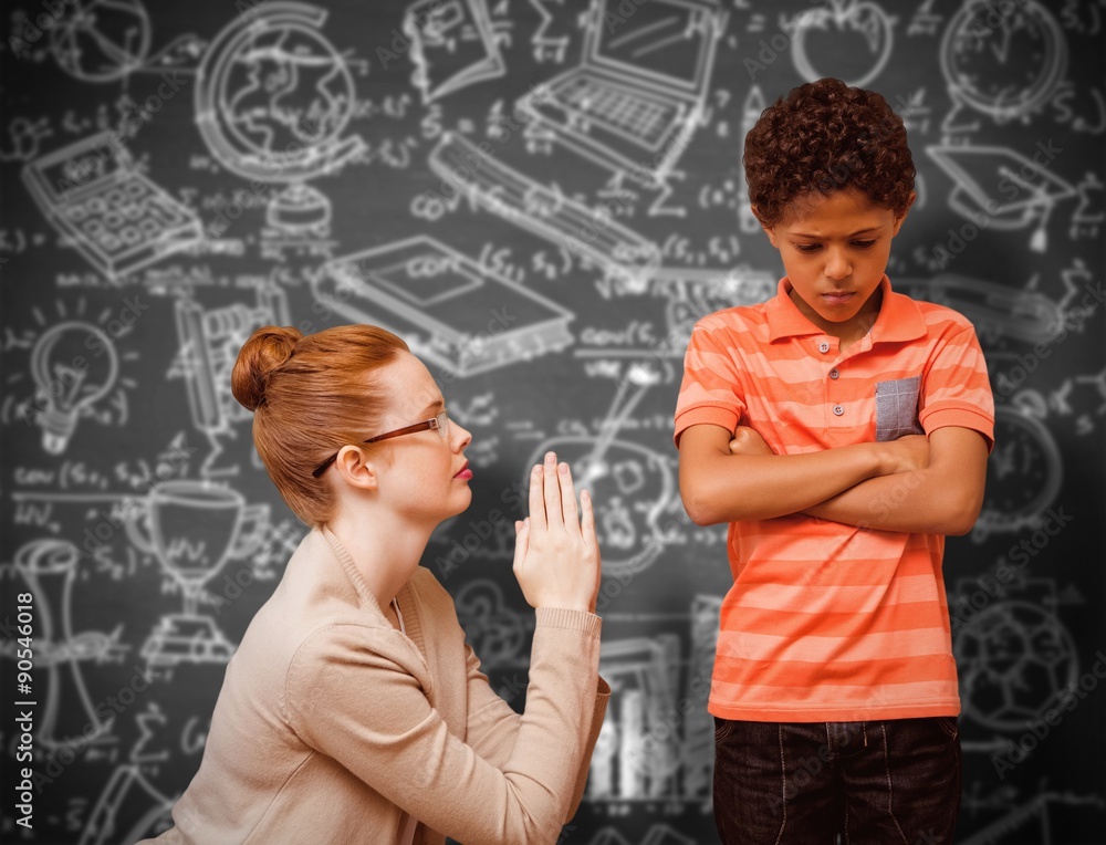 Composite image of teacher begging boy