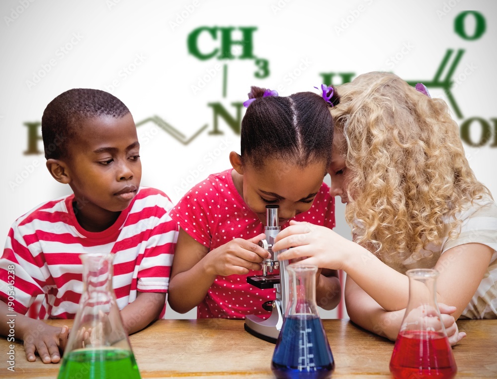 Composite image of cute pupil looking through microscope