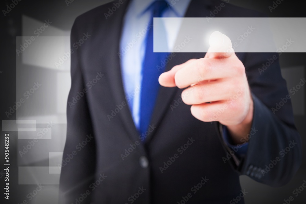 Composite image of businessman pointing his finger at camera