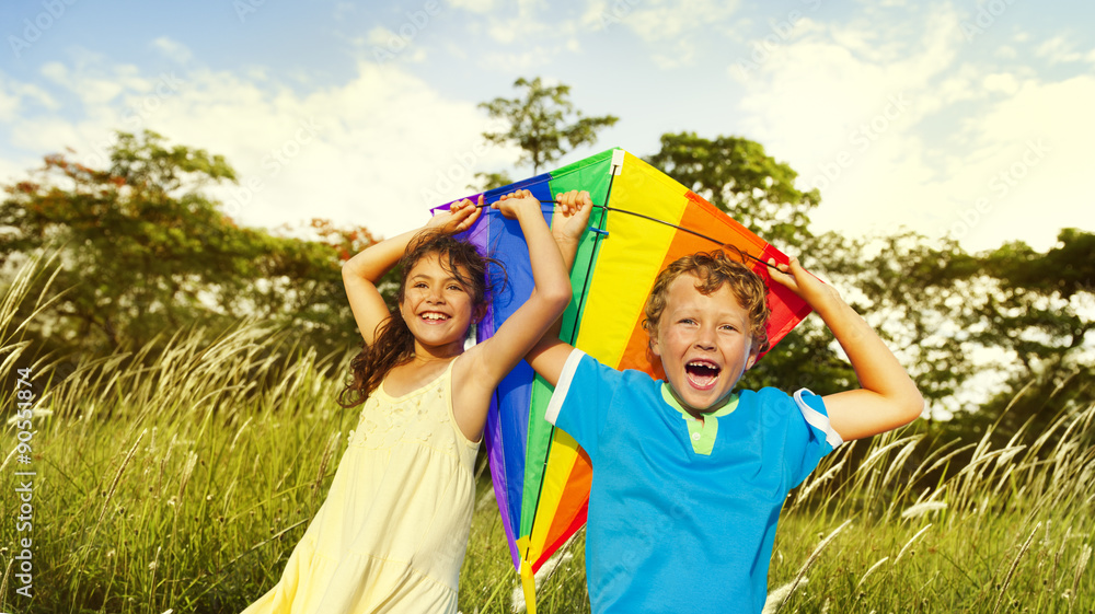 Children Playing Kite Happiness Cheerful Summer Concept