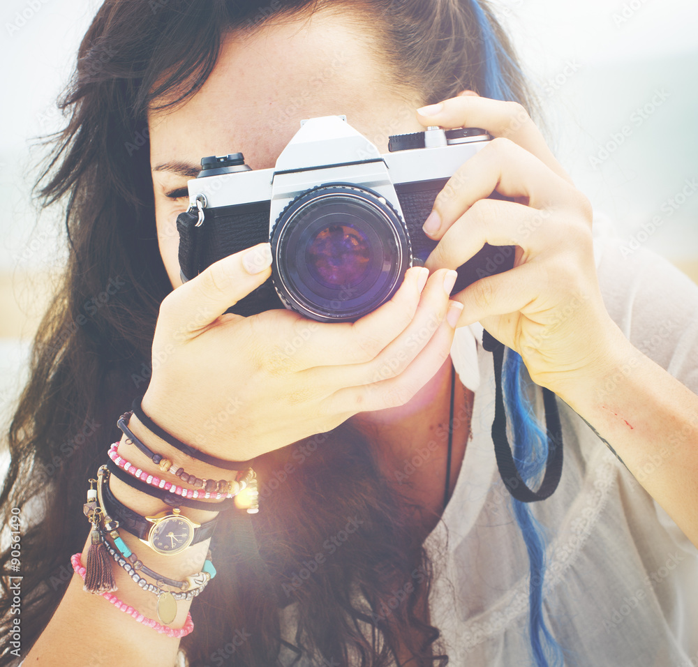 Pretty Photographer Woman Beach Vacation Lifestyle Concept