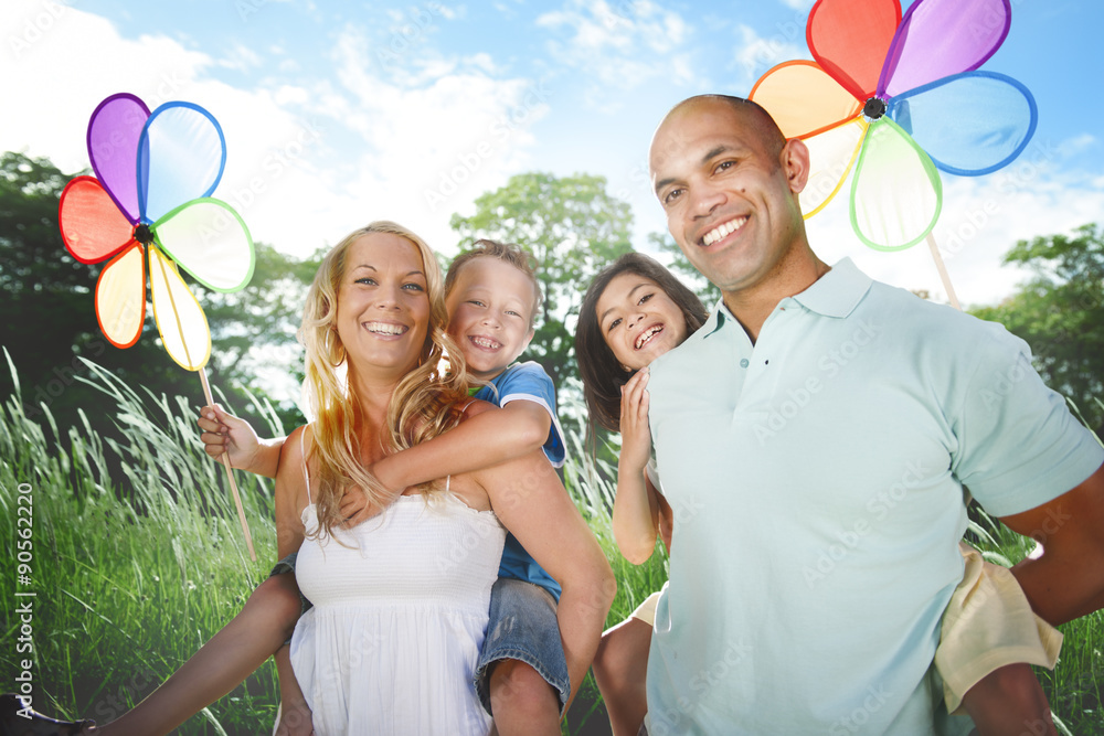 Family Playing Outdoors Children Field Concept