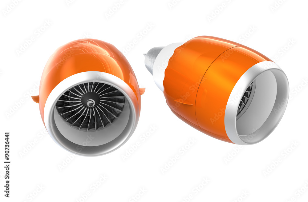 Two Jet turbofan engines with orange cowl isolated on white background. 