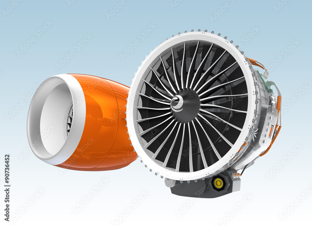 Two Jet turbofan engines isolated on blue background. 