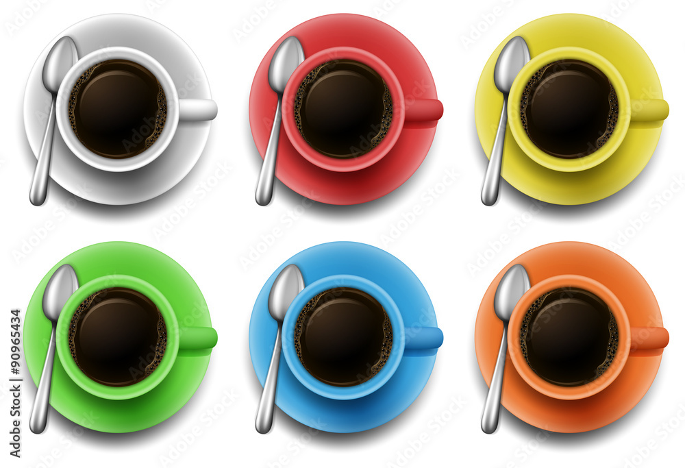 Hot coffee in different color mug