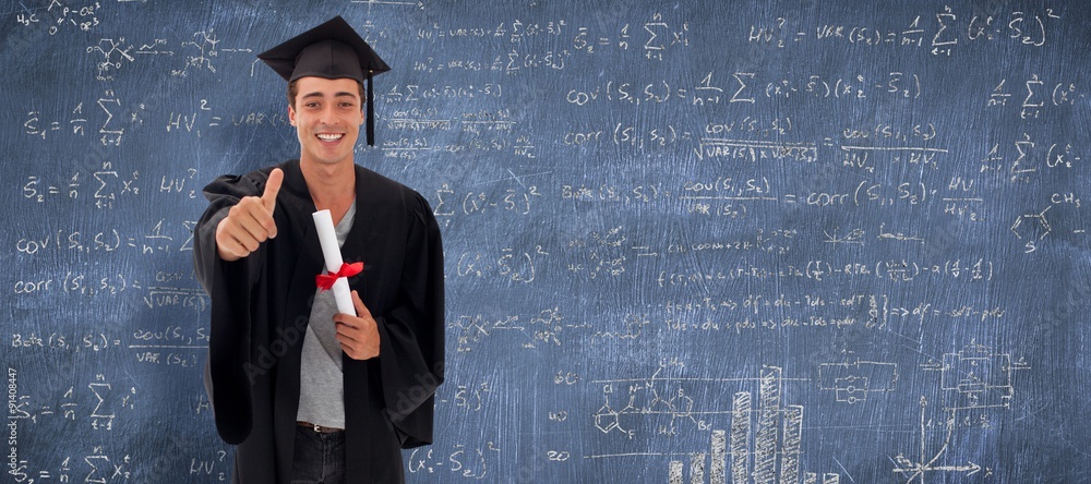 Composite image of happy teen guy celebrating graduation