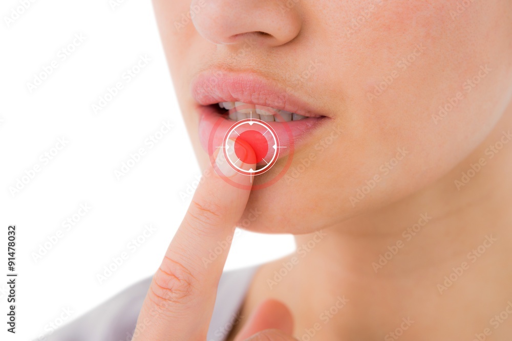 Composite image of woman pointing her lip