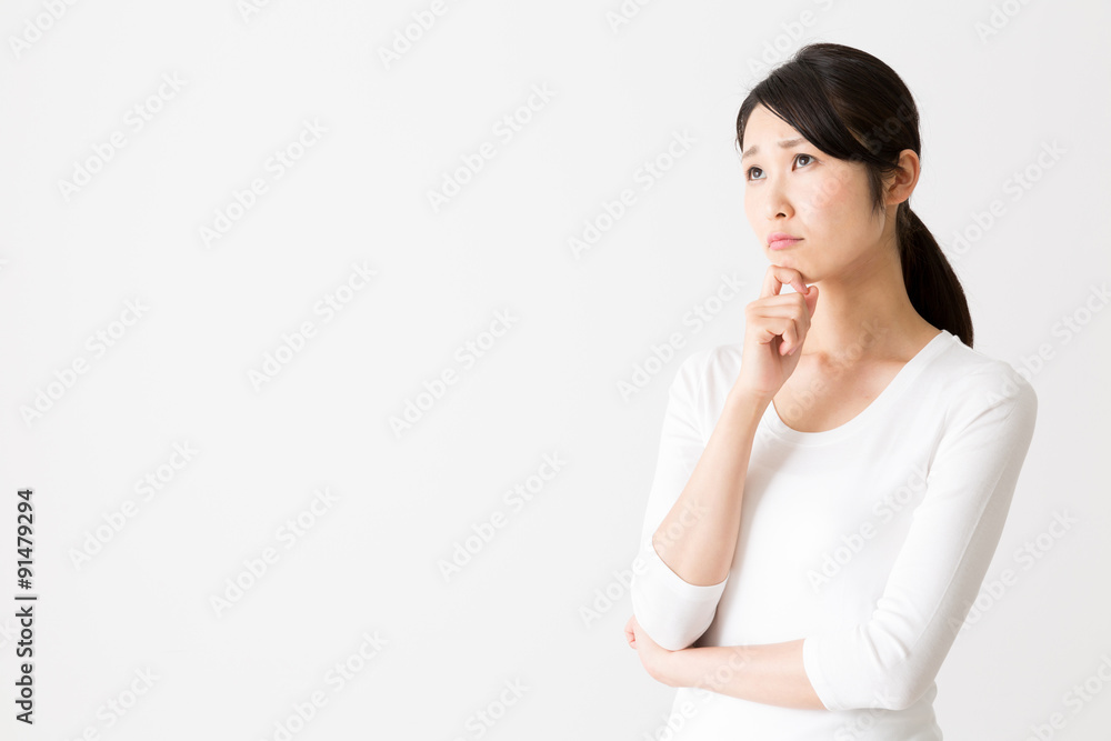 portrait of attractive asian woman on white background