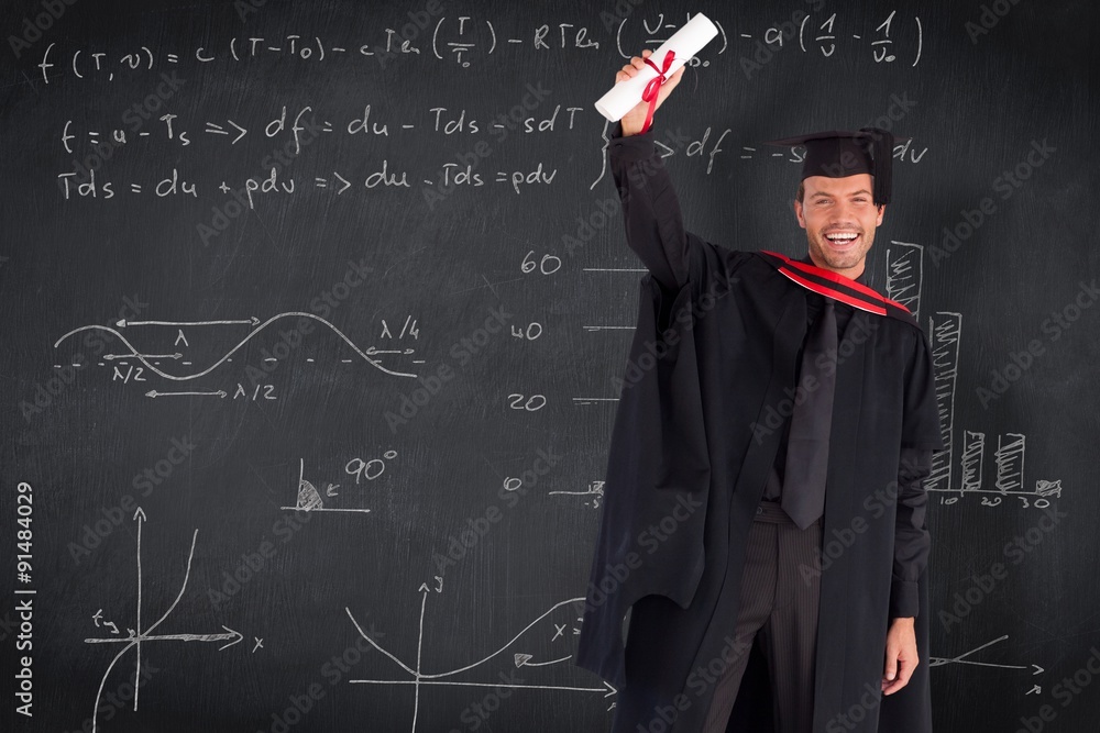 Composite image of smiling handsome boy showing his diploma