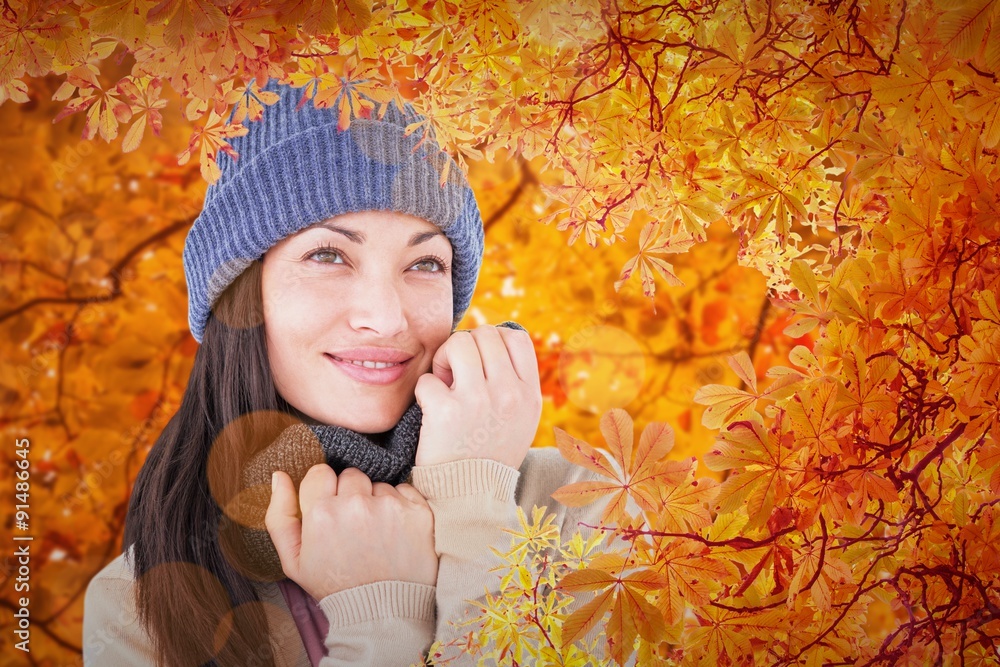 Composite image of attractive brunette looking up