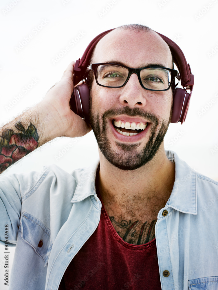 Man Headphones Listening Music Happiness Concept