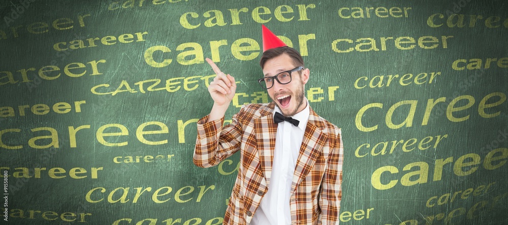 Composite image of geeky hipster in party hat pointing