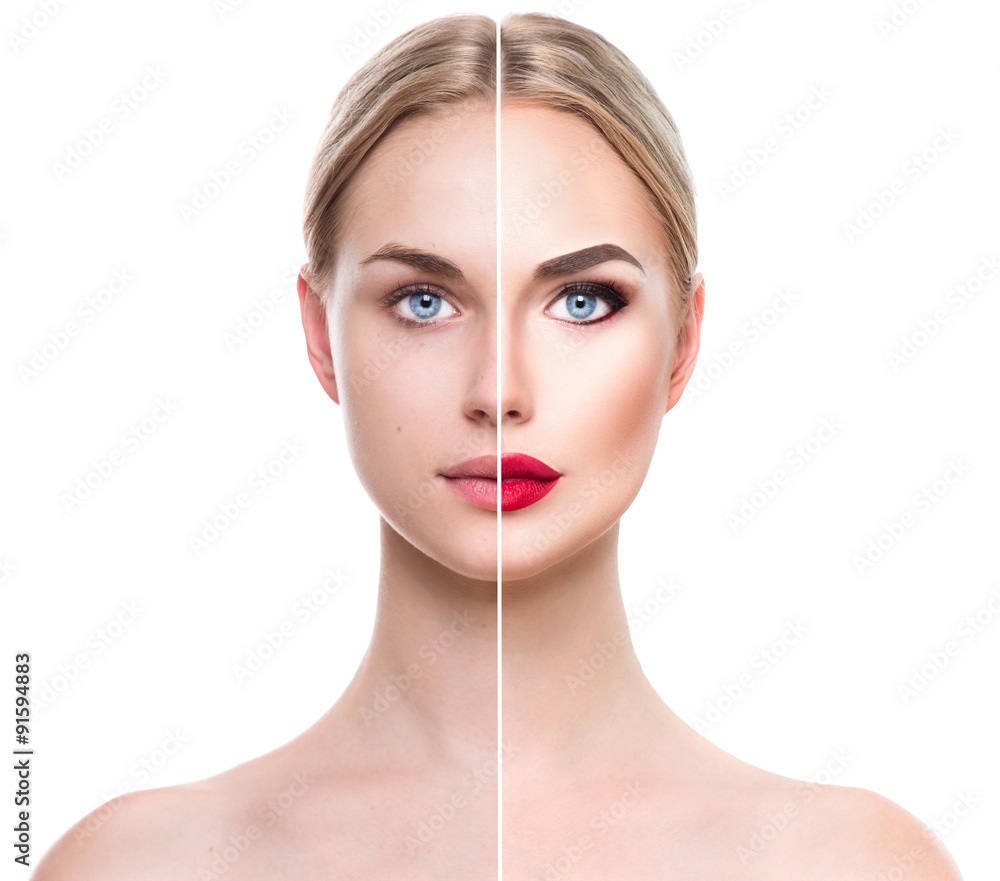 Beautiful young blonde woman before and after make-up applying. Face divided in two parts